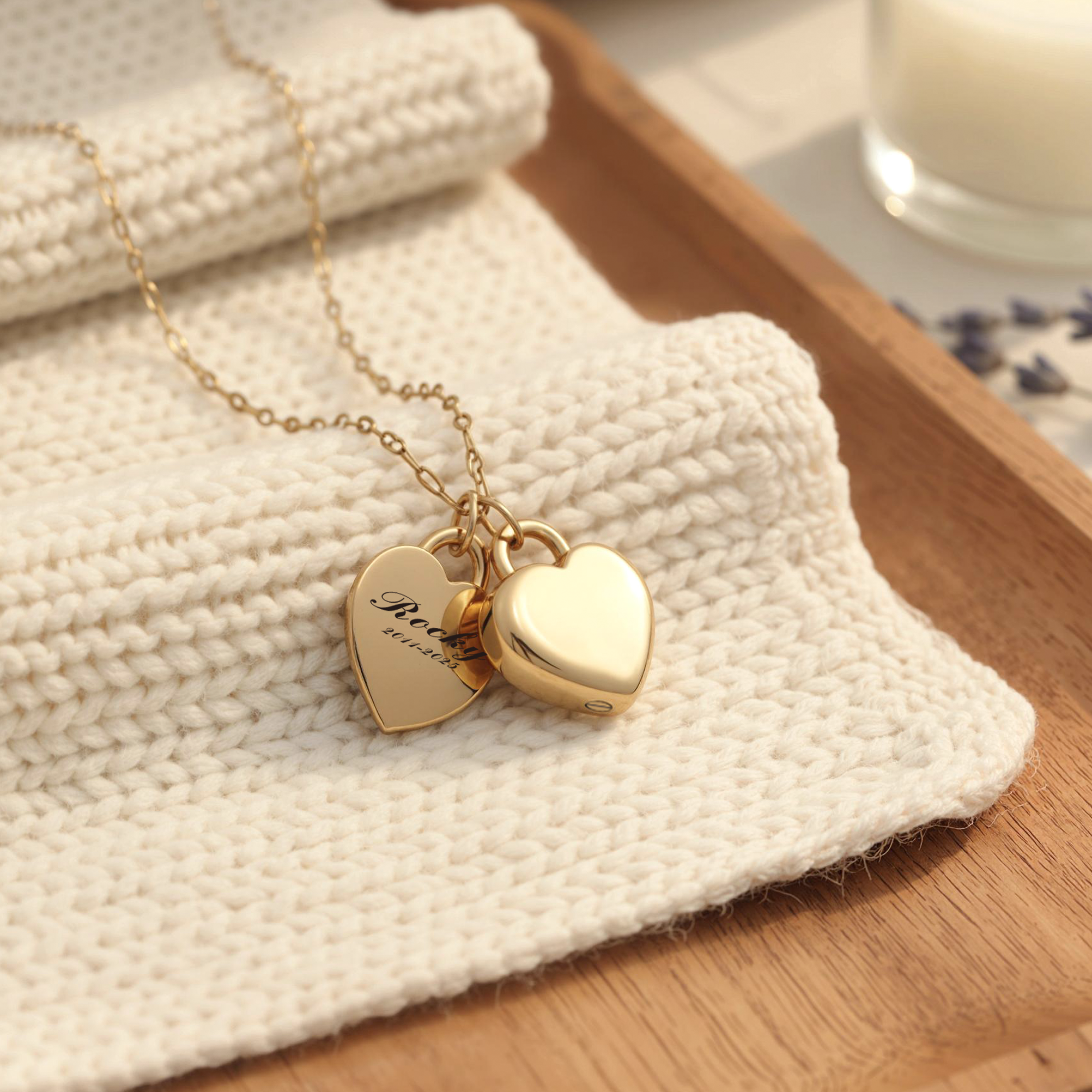 Heart Urn Necklace — Personalized 14K Gold–Plated Double Heart Cremation Pendant