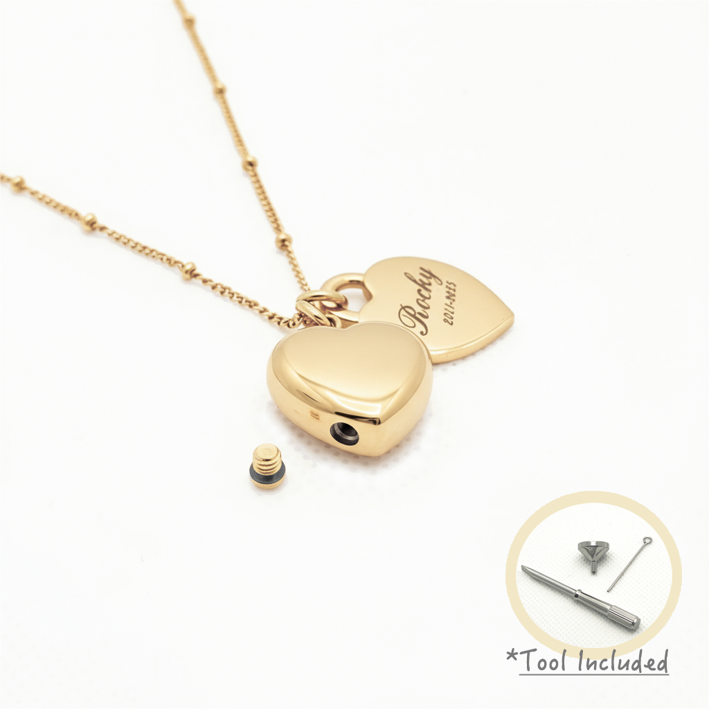 Heart Urn Necklace — Personalized 14K Gold–Plated Double Heart Cremation Pendant