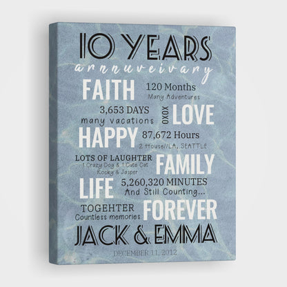 10 Year Milestone Anniversary - Personalized Canvas Print Anniversary Gifts