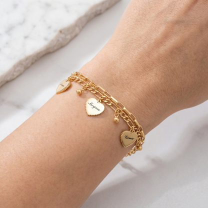 14K Gold Plated Double Layer Heart Bracelet - Engraved Family Name Bracelet