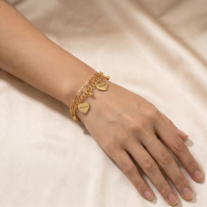 14K Gold Plated Double Layer Heart Bracelet - Engraved Family Name Bracelet