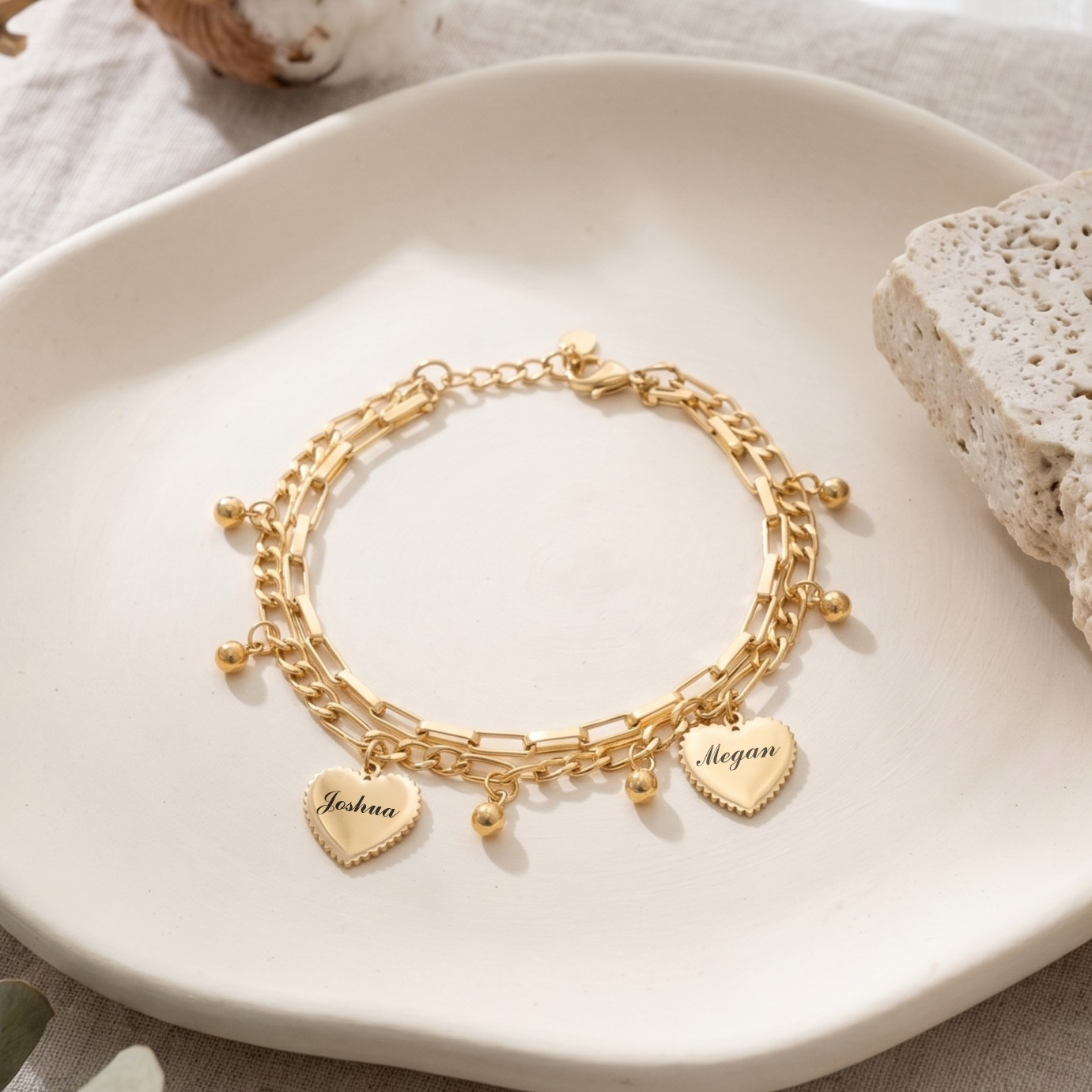 14K Gold Plated Double Layer Heart Bracelet - Engraved Family Name Bracelet
