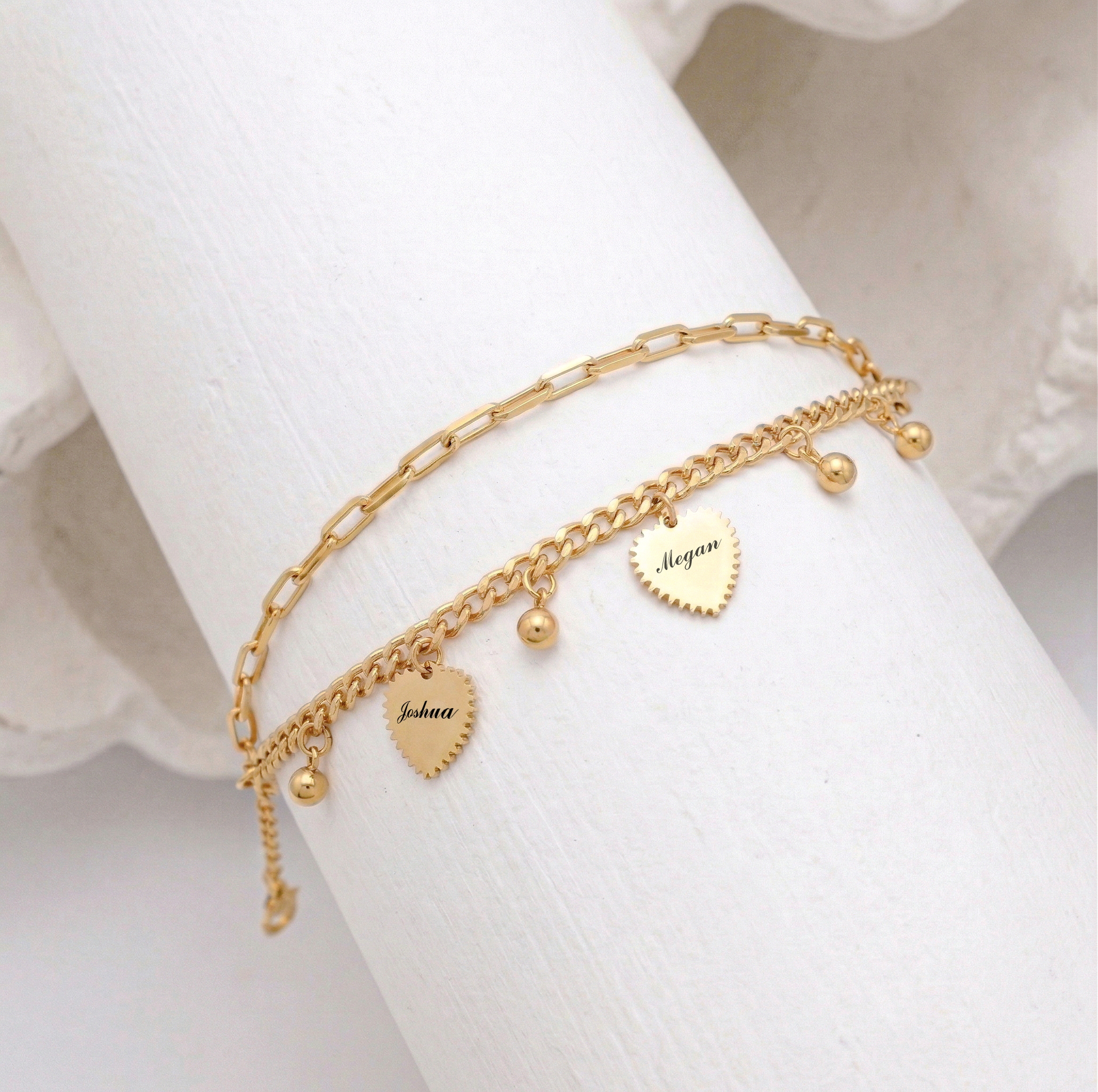 14K Gold Plated Double Layer Heart Bracelet - Engraved Family Name Bracelet