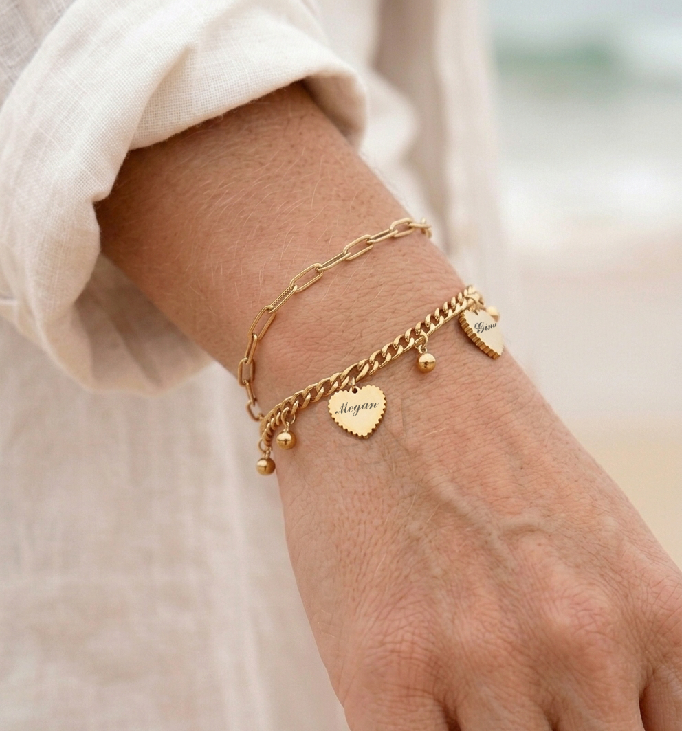 14K Gold Plated Double Layer Heart Bracelet - Engraved Family Name Bracelet