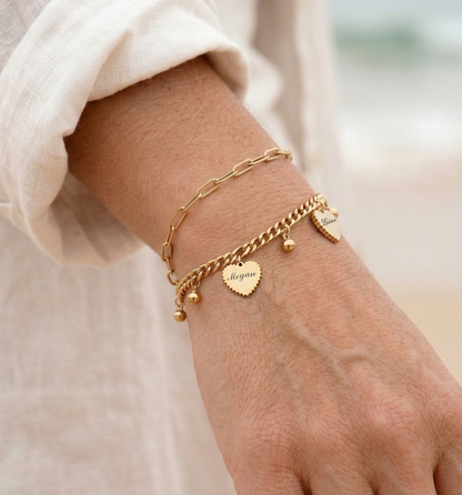 14K Gold Plated Double Layer Heart Bracelet - Engraved Family Name Bracelet