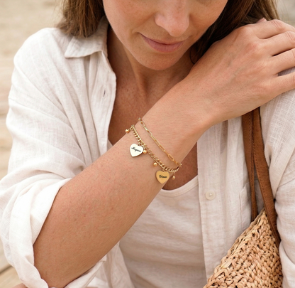 14K Gold Plated Double Layer Heart Bracelet - Engraved Family Name Bracelet