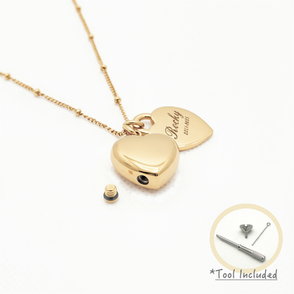 Heart Urn Necklace — Personalized 14K Gold–Plated Double Heart Cremation Pendant